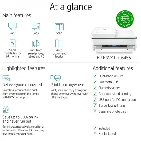 HP ENVY Pro 6455 All-In-One - Multifunction Printer - Color - HP Instant Ink Eligible (5SE45A#B1F)
