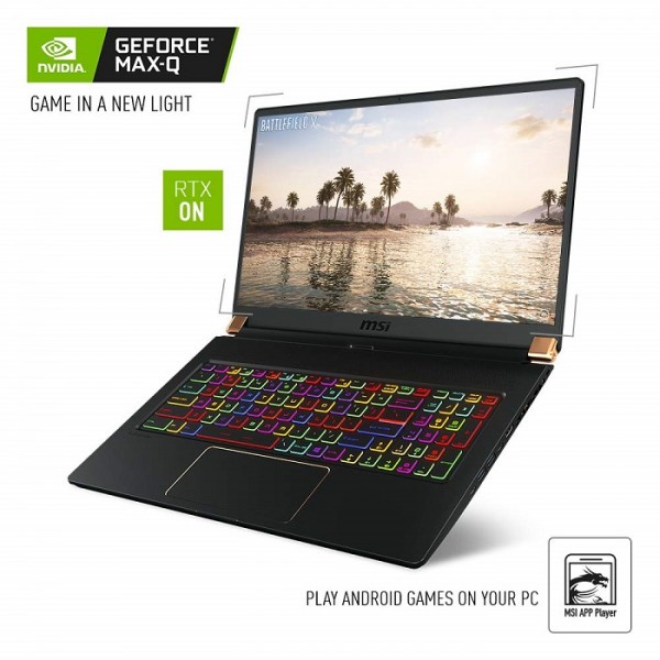 MSI GS75 Stealth-093 17.3" Razor Thin Bezel Gaming Laptop NVIDIA RTX 2080 8G Max-Q, 144Hz 3ms, Intel i7-8750H (6 cores), 32GB, 512GB NVMe SSD, TB3, Per Key RGB, Win10H, Matte Black w/ Gold Diamond Cut