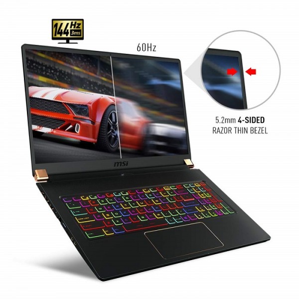 MSI GS75 Stealth-093 17.3" Razor Thin Bezel Gaming Laptop NVIDIA RTX 2080 8G Max-Q, 144Hz 3ms, Intel i7-8750H (6 cores), 32GB, 512GB NVMe SSD, TB3, Per Key RGB, Win10H, Matte Black w/ Gold Diamond Cut
