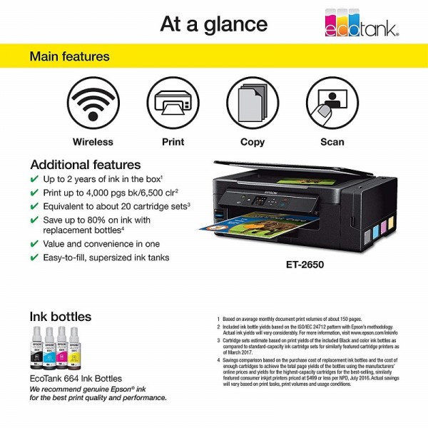 Epson Expression ET-2650 EcoTank Wireless Color All-in-One Small Business Supertank Printer with Scanner and Copier