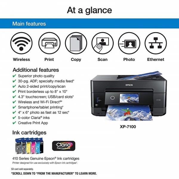 Epson Expression Premium XP-7100 Wireless Color Photo Printer with ADF, Scanner and Copier