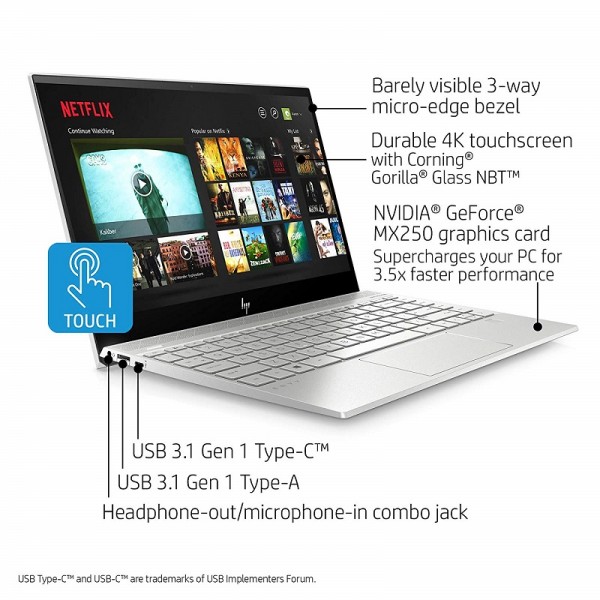 HP ENVY 13” Thin Laptop w/ Fingerprint Reader, 4K Touchscreen, Intel Core i7-8565U, NVIDIA GeForce MX250 Graphics, 16GB SDRAM, 512GB SSD, Windows 10 Home (13-aq0044nr, Natural Silver)