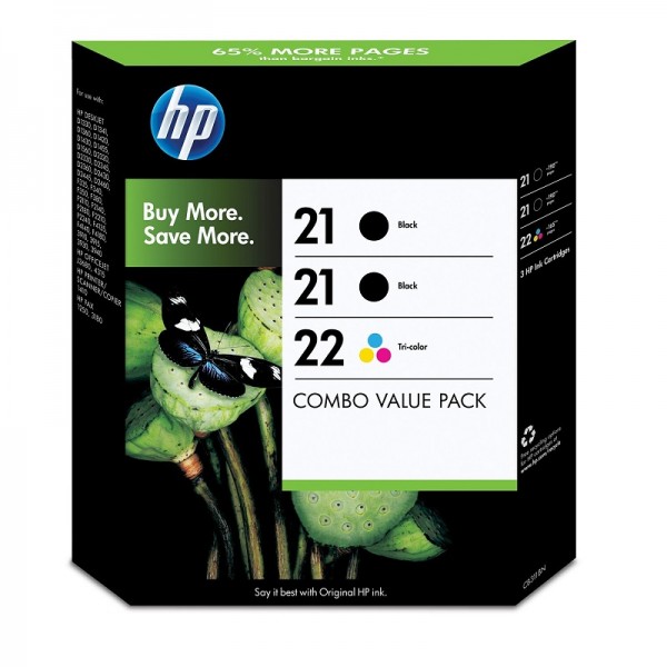 HP 21 Black(2)/22 Tri-color(1) 3-pack Original Ink Cartridges (CB311BN)