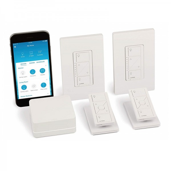 Lutron Caseta Smart Start Kit, Dimmer Switch (2 Count) with Smart Bridge, Remotes, and Pedestals | Works with Alexa, Apple HomeKit, and The Google Assistant